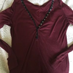 burgundy ribbed v - neck button up long sleeve